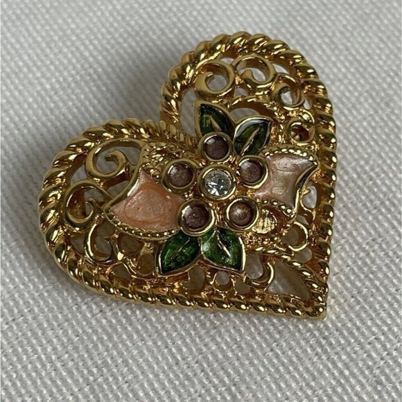 Floral Heart Brooch I Love You Rhinestone Enamel Flower Gold Tone Pin Pendant - Picture 3 of 5